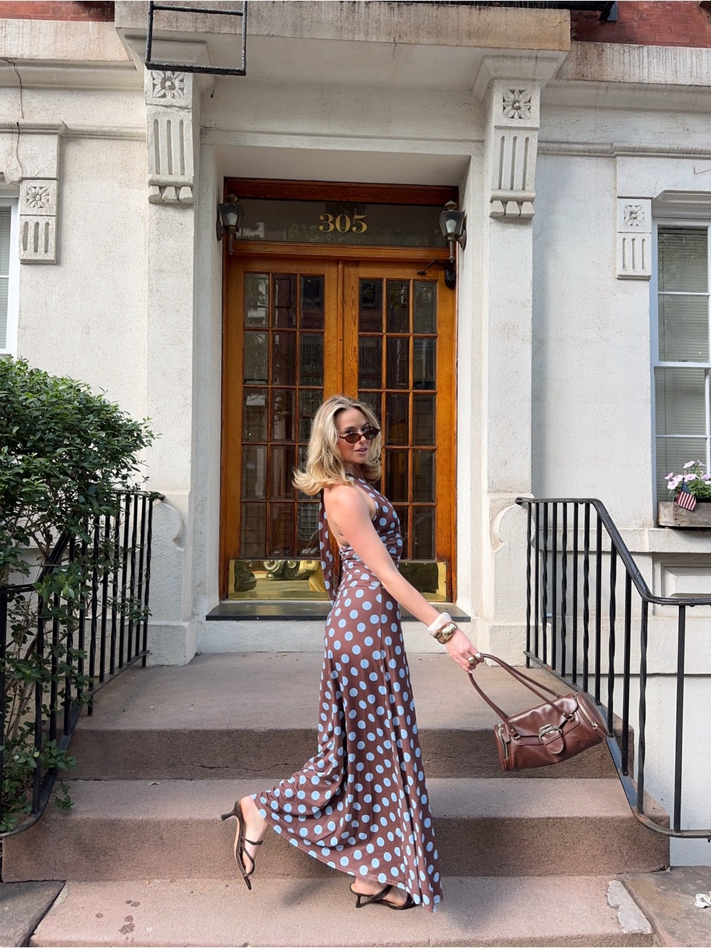 Brown Maxi Dress with Light Blue Polka Dots